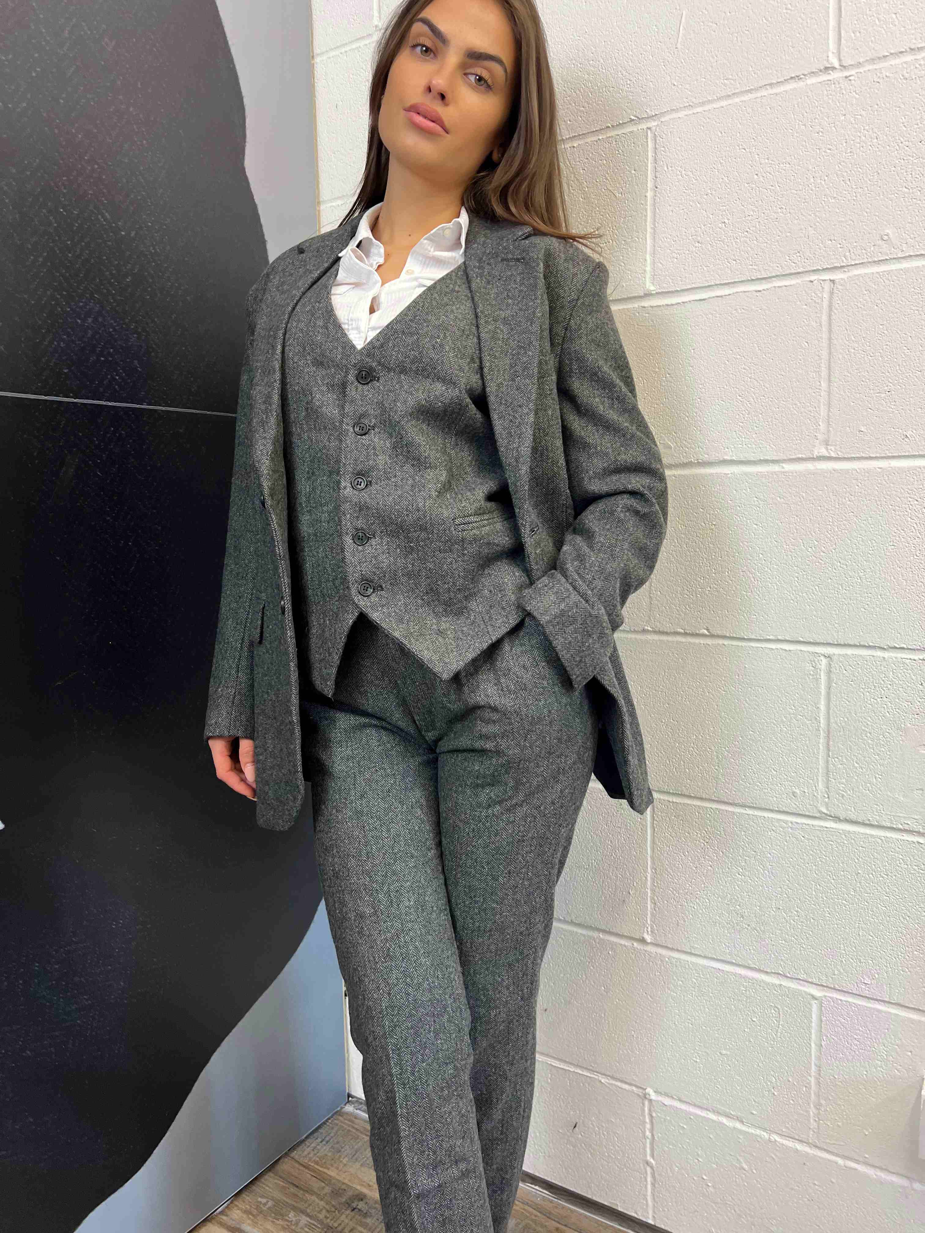 Grey/Light Black Herringbone 3 Piece Tweed Women's Suit